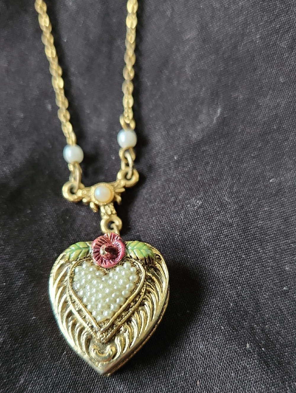 1928 Gold-Tone Heart Locket Necklace with Pink and Green Accents - Picture 2 of 6